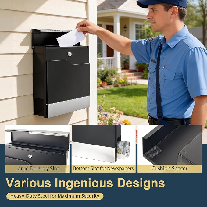 Modern Black Mailbox Wall Mount for Outside, Large Locking Security Key Drop Mail Box, Heavy Duty Galvanized Steel Post Box for House, Weatherproof Collection Box (14.57"x14")