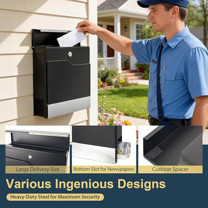 Modern Black Mailbox Wall Mount for Outside, Large Locking Security Key Drop Mail Box, Heavy Duty Galvanized Steel Post Box for House, Weatherproof Collection Box (14.57"x14")
