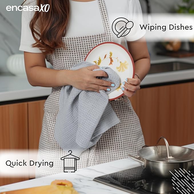 Encasa XO Kitchen Dish Towels Set | Light Grey | Waffle Weave and Flat Hand Tea