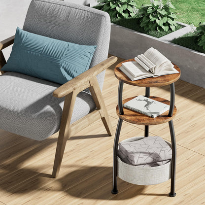 Yuede Round Side Table for Small Spaces with Storage Basket –Small End Table 3-Tier Night Stand Sofa Corner Table for Living Room, Bedroom, Patio and More 24in Tall Rustic Brown
