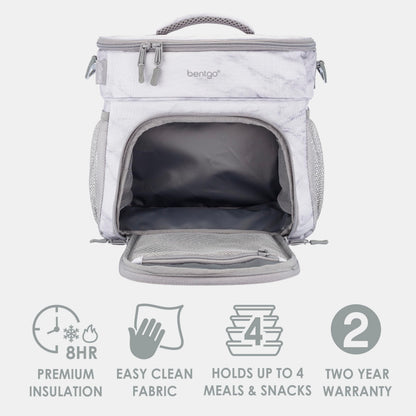 Bentgo Prep Deluxe Insulated Multimeal Bag - Lunch Box Bag, Holds 5 Meals, Premium Insulation up to 8 Hrs, Durable, Water-Resistant - Large Capacity For Adult Meal Prep (White Marble)