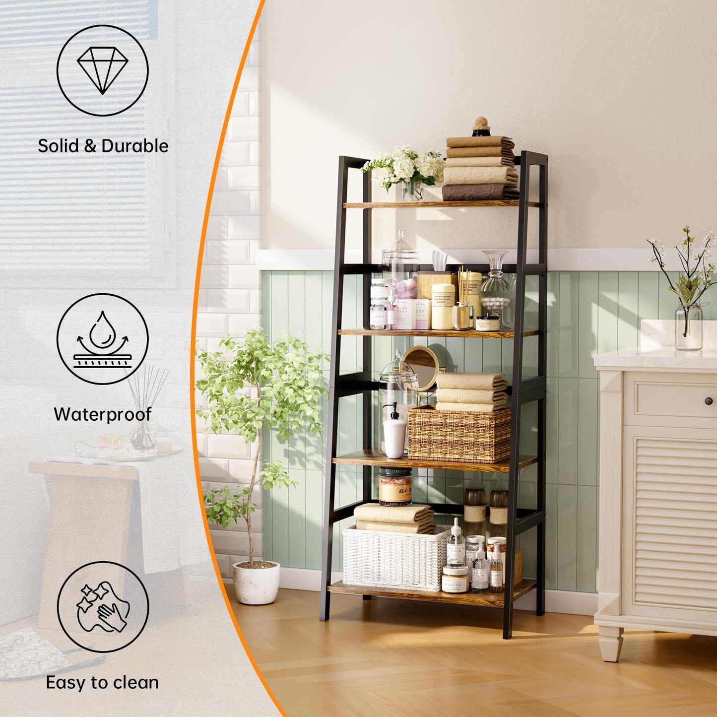 HITNET Ladder Shelf, 4 Tier Bookshelf with Bamboo Frame, Freestanding Bathroom Storage Shelving Unit for Living Room, Home Office, Bedroom, Rustic Brown and Black