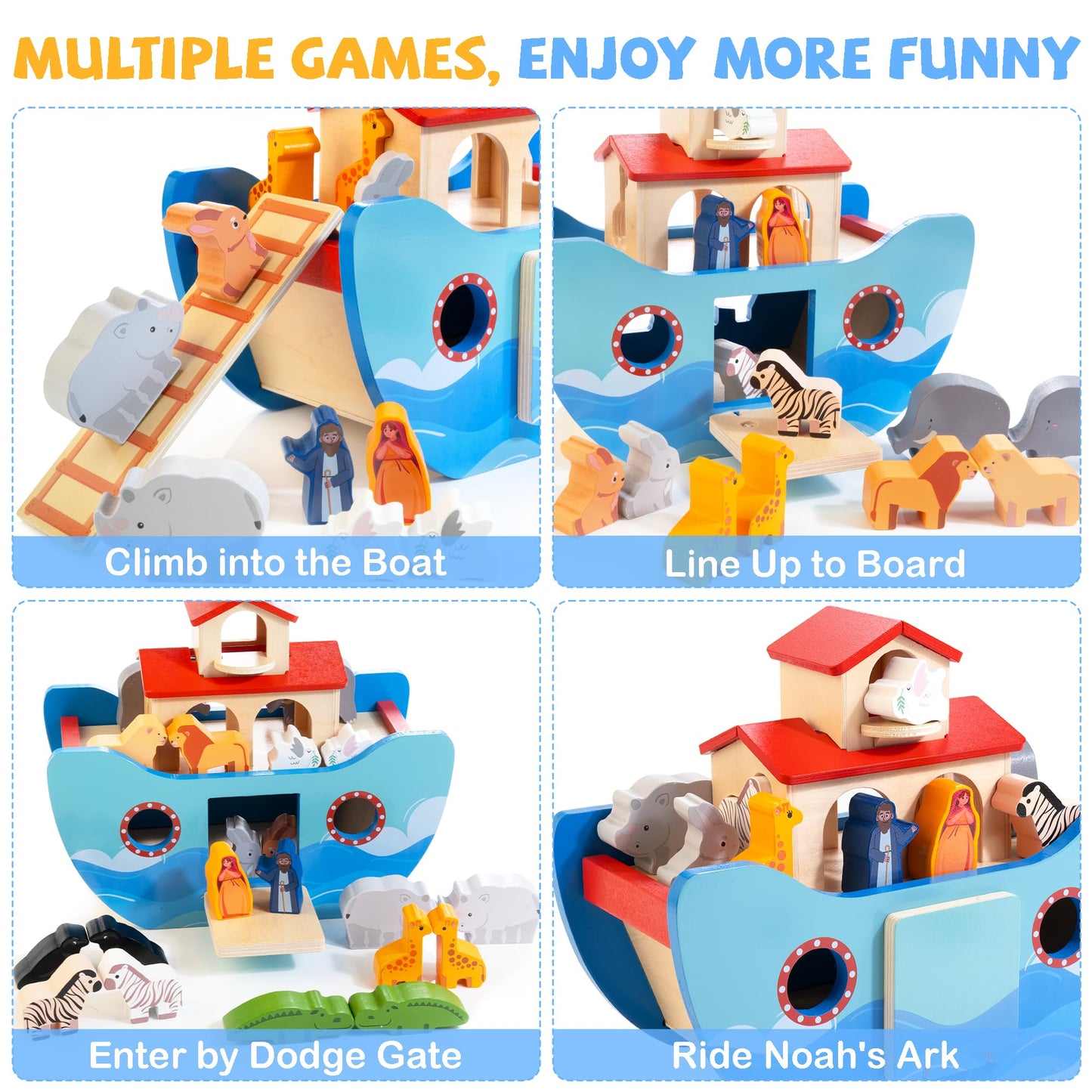 JUSTWOOD Wooden Noah's Ark Toy for Toddlers 1+ Years, Baptism Gift for Boys and Girls, Baby Montessori Educational Animal Shape Sorter Toy with Bible Story Book
