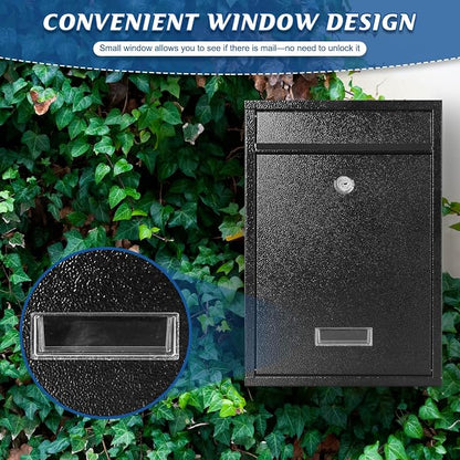 KYODOLED Mailbox for Outside, Wall Mount Locking Mailbox, Security Drop Box with Key Lock for Letters, Cash, Cards, Steel Mail Box for House Office School, 12.4H x 8.54L x 3.35W Inches, Black