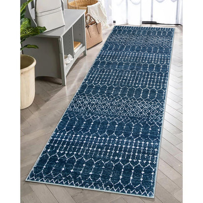 Lahome Moroccan Washable Kitchen Runner 2x8 Carpet Runners for Hallway 8Ft Low-Profile Non-Slip, Indoor Geometric Print Distressed Rug for Entryway Laundry Room Foyer Hana, Blue