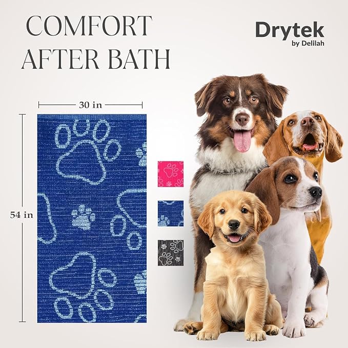 Delilah Home Drytek Dog Towel - Quick-Dry Pet Towel for Large Dogs, Ultra Absorbent & Odor-Resistant - Lightweight Sand-Resistant for Outdoor Bath, Grooming Supplies, Beach & Travel - 30x54 in - Navy