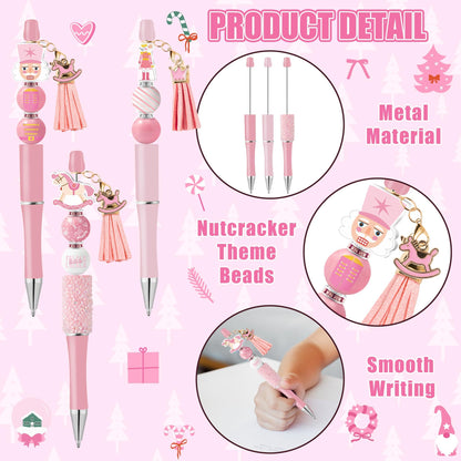 COcnny Christmas Nutcracker Beadable Pens - 12 Set Pink DIY Ballpoint Pen Making Kit with Bead Craft for Kids, Winter Beaded Pen Bulk Charm Tassel Supplies for Xmas Party Women School Students Gift