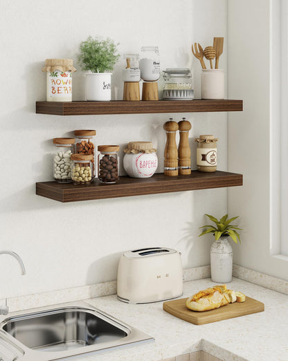 Marsmiles 72" Floating Shelves for Wall, Wooden Shelves with Invisible Brackets Set of 2, Rustic Farmhouse Wall Mounted Shelf for Kitchen Bathroom Living Room Study, Walnut