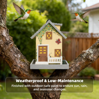 MEWANG Outdoor Hanging Bird Feeder, Decorative Wooden Bird House Without Camera for Hummingbirds, Cardinals & Bluebirds (Light Yellow)
