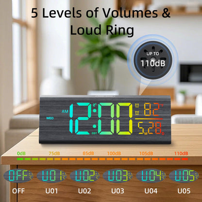 Haimiage Solid Wood Digital Alarm Clock for Bedroom - 8.8 Inch Large Display, Multicolor Backlight Time Display, Dual Alarms, Date/Temp/Day, DST, Snooze, Black