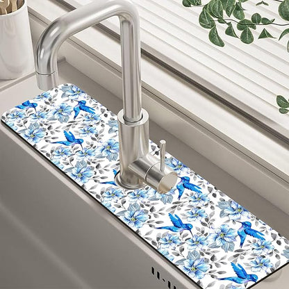 Kitchen Sink Splash Guard Faucet Mat Blue Floral and Hummingbird Absorbent Fast