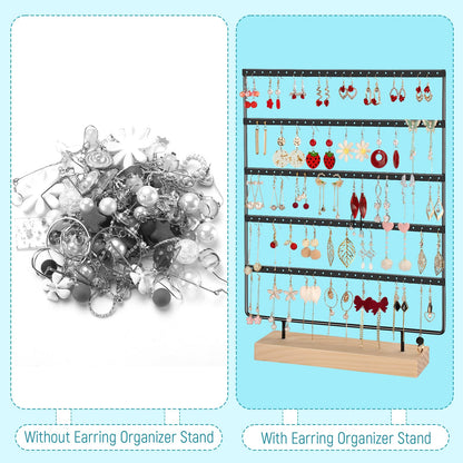shidaishiye Earring Holder Organizer, 5-Tier Earring Organizer with 60-Pair Capacity, Wooden Base Metal Earring Display, Jewelry Storage & Display for Home Store, Suitable for Women