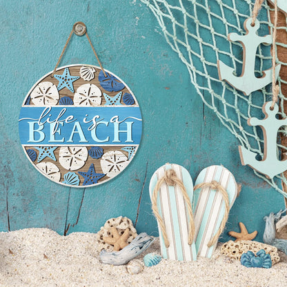 Bolisom Summer Life is a Beach Blue Front Door Sign, Coastal Starfish Shell Wood Hanger Outdoor Outside Beach House Porch Home Decor, Farmhouse Wooden Wreath Indoor Wall Hanging Decoration