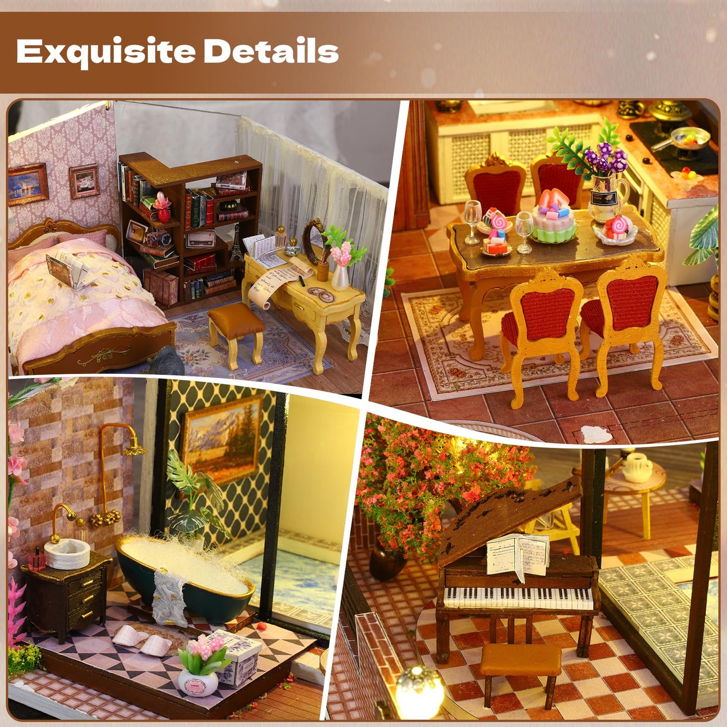 Hallisun DIY Miniature House Building Kits, Romantik Villa and Momo Tea House 3D Wooden Dollhouse Toys, Birthday Festival Gift for Teens Adults with Dustproof Covers
