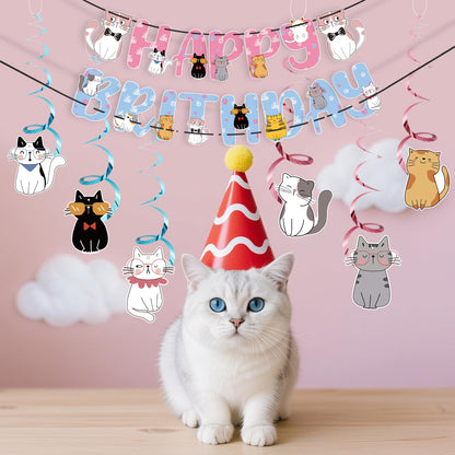 Cat Theme Birthday Party Supplies,15 PCS Happy Birthday Banner-NO DIY,6 Hanging Cutouts,6 Hanging Swirl Decor,1 Cake Topper,12 Cupcake Toppers,3 Birthday Honeycomb Party Decoration