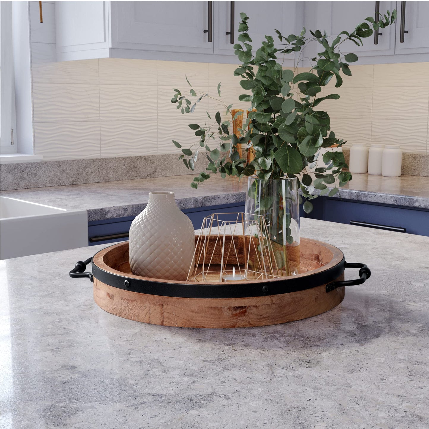 Round Coffee Table Tray - 13.2'' Farmhouse Wood Serving Tray with Metal Handles - Round Decorative Trays for Coffee Table - Wooden Circle Trays for Kitchen Counter