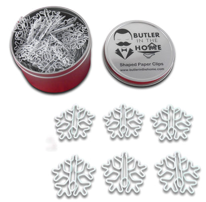 Snowflake Shaped Paper Clips (100 Count) in Tin – White Decorative Clips for Office, Desk Organization & Gifts – Butler in the Home