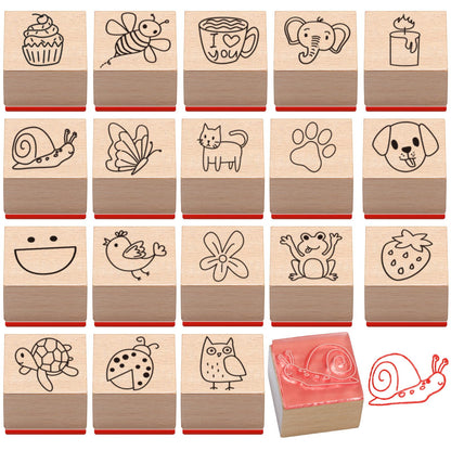 MotiMind 18 Pcs Cartoon Pattern Wood Stamps Set Wooden Rubber Holiday Stamps for Card Making Decoration and Scrapbooking Supplies