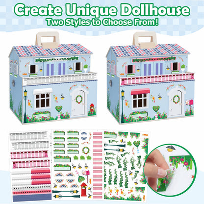 SIMPLIPLAY DIY Portable Wooden Dollhouse, Pretend Play Doll House Set with 4 Rooms, 13 Furnitures, 2 Dolls, 3 Sticker with 2 Styles, 1 Wooden Ladder, Doll House for 3+ Year Old Kids Boys Girls Gift