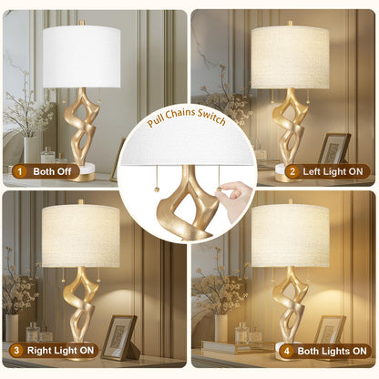 Scenekoy Sculptural Table Lamp Set of 2 with USB Ports for Bedroom Living Room, 26” Gold Leaf Marble Base Bedside Lamps, Pull Chains Switch Modern Nightstand Lamp for Home Room Decor (Bulbs Included)