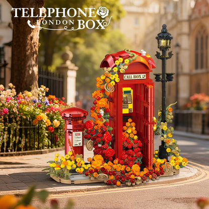 chanbrick Red London Telephone Box Building Set with Roses Flower for Adults Girls, Mailbox Phone Booth Retro Model Souvenir for Home or Office Decor - 1142PCS