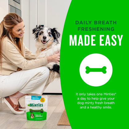 Minties Dental Chews for Dogs, 40 Count, Vet-Recommended Mint-Flavored Treats for Tiny/Small Dogs 5-24 lbs, Dental Bones Clean Teeth, Fight Bad Breath, and Removes Plaque and Tartar