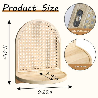 LUPWNEKA Arched Rattan Wall Shelf - Boho Rattan Floating Shelf with Grooved Edge, Unique Small Display Shelves, Natural Pine Wood Wall Decor for Bedroom, Living Room, Nursery Room, Set of 2, Natural