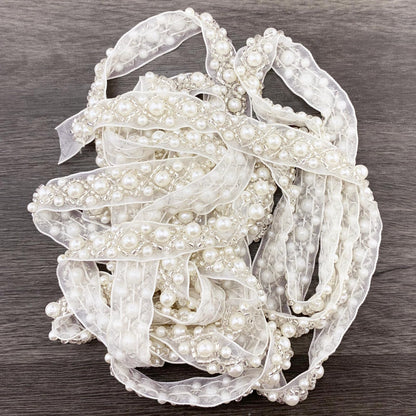 BETITETO 3Yards Pearl Beaded Trim Lace Ribbon Trimming Edge Embellishments for Sewing Bridal Dress Party Clothes Wedding Decoration Fabric Crafts DIY (Ivory Ribbon)