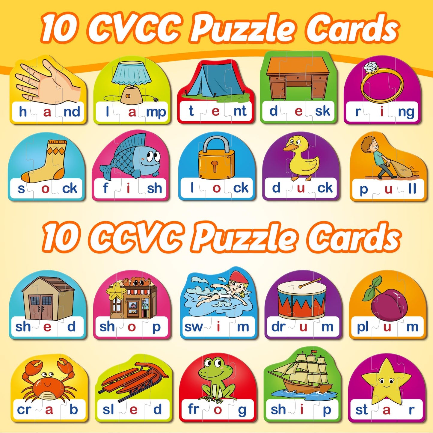 Kasfalci CVCC & CCVC Puzzle Cards for Kids - Word & Phonics Games, Speech Therapy Toys for Toddlers, 4 Alphabet Letter Word Puzzles, Learning Spelling Games