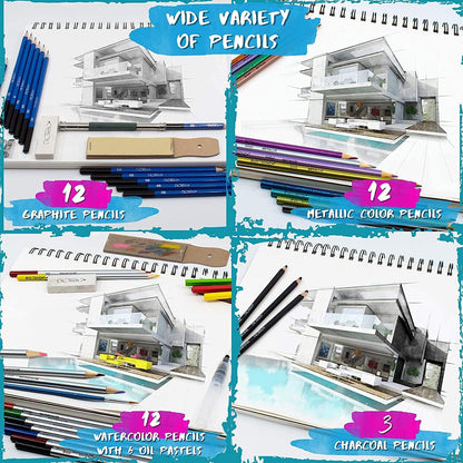 NIL - TECH 55-Piece Drawing Pencil Set – Colored, Graphite & Charcoal Pencils with Case & eBook – Art Supplies Kit for Beginners, Students & Adults – Sketching, Shading & School Gift Set