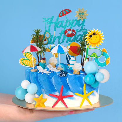Guiqulai 33Pcs Summer Beach Cake Toppers, Hawaiian Ocean Pool Party Decorations for Birthday Cakes & Cupcakes, Tropical Blue Surfboard Starfish Coconut Tree Mini Figurines