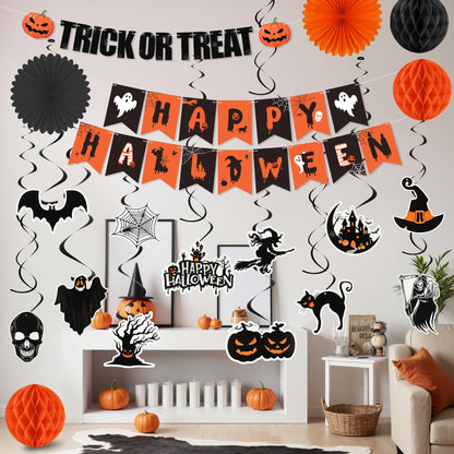 Halloween Party Decorations Indoor, Happy Halloween Banner Sign Decorations Kit with Honeycomb Ball Paper Fans Pumpkin Bat Hanging Swirls Streamers for Home Party Decor