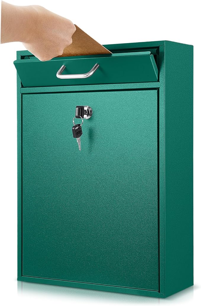 Yaocom Locking Mailbox with Key for Outdoor 16.2 x 11.2 x 4.7 Inches Large Wall Mount Mail Box with Lock Security Mail Drop Metal Collection Boxes Hanging Secure Postbox(Green)