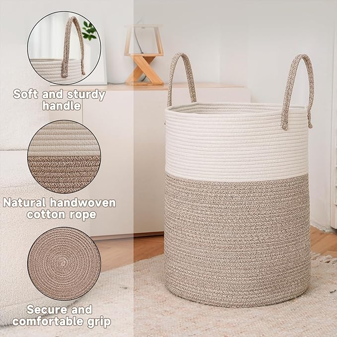 Large Woven Laundry Basket Hamper, 100L Cotton Rope Storage Bin