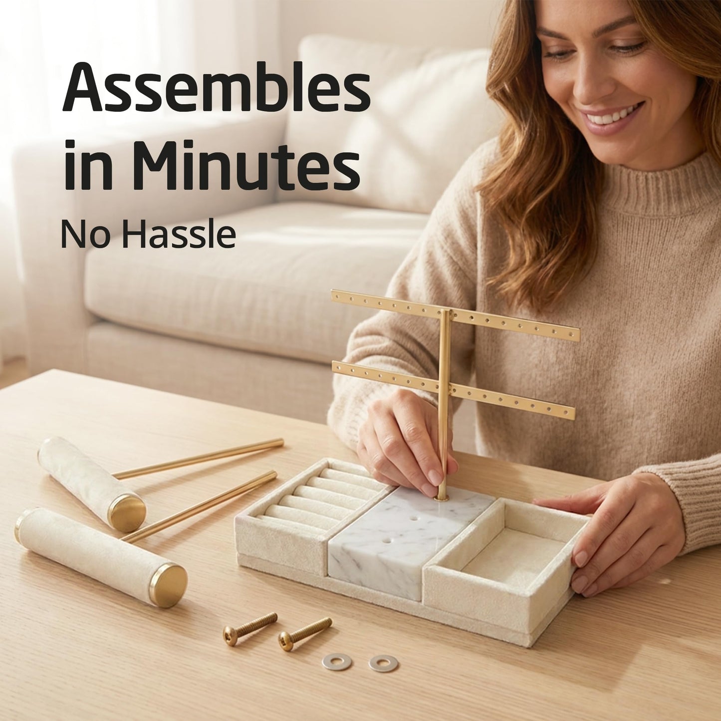 KES Natural Marble Bracelet Holder with 5X Weighted Base, Extra Sturdy 3 Tier Bracelet Holder Display for Necklaces, Earrings, Rings, Watches, T Bar Jewelry Holder Organizer, Beige, JTR500-WH