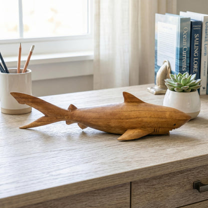 G6 Collection Wooden Hand Carved Shark Statue Sculpture Wood Decorative Home Decor Accent Figurine Handcrafted Handmade Seaside Tropical Nautical Ocean Coastal Decoration Shark (16" Long)