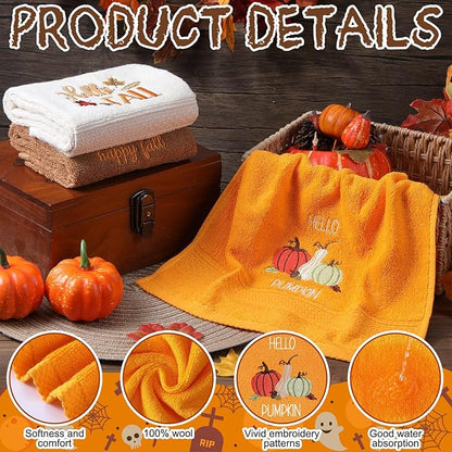 3 Pcs Fall Pumpkin Hand Towels for Bathroom Embroidered Bathroom Towels