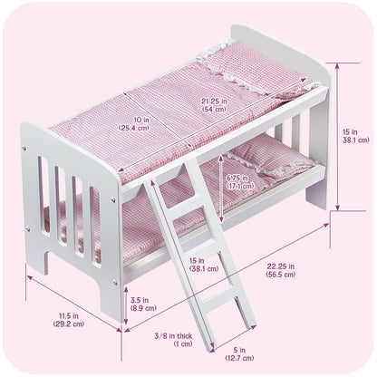 Badger Basket Doll Bunk Bed with Bedding & Ladder - Two Level Wooden Bed for Dolls, Includes Bedding & Accessories- White/Pink Gingham