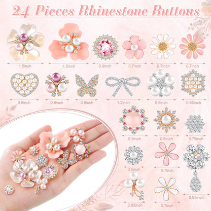Giegxin 24 Pcs Rhinestone Buttons for Crafts Clothes Faux Pearl Embellishments Pink Butterfly Rhinestone Flower Buttons Vintage Women Pearl Brooch for Jewelry Making, DIY, Bags Shoes Supplies