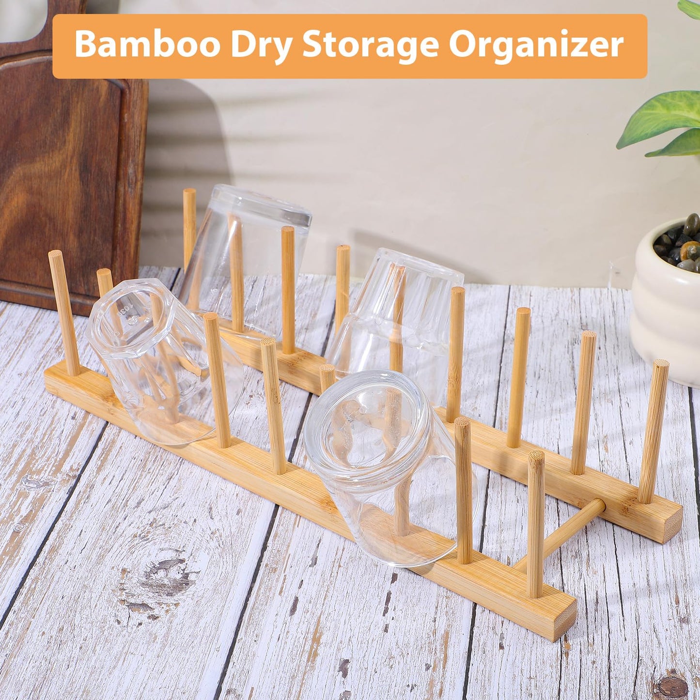 Leooomap 8-Slot Bamboo Wooden Plate Rack, Dish Drying Rack & Pot Lid Holder Stand, Kitchen Cabinet Organizer for Bowls, Cups, Cutting Boards
