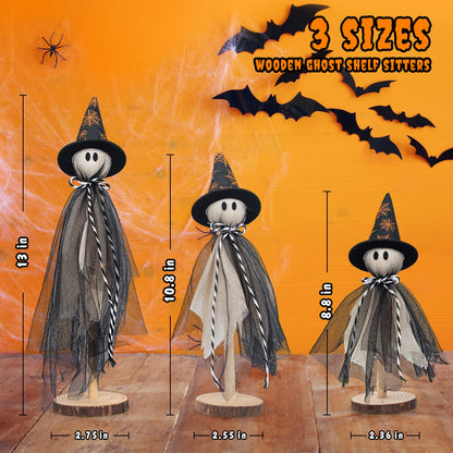 Halloween Decorations Ghost Shelf Sitters – Set of 3 Wooden Halloween decor with Witch Hats – Fabric Ghost Figures with Spiderweb Design – Table Decor for Tiered Tray, Mantel, Party Supplies(Black)