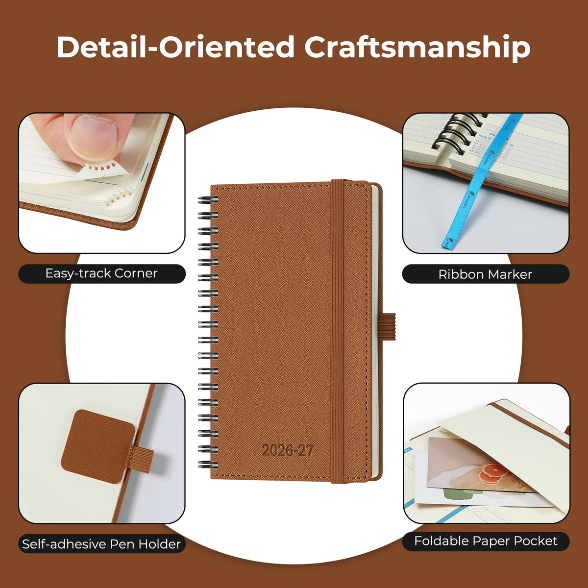 IN-LUXPRO Planner 2026-2027 Daily Weekly and Monthly,6.5"x3.75",18 Months Spiral Bound Calendar Agenda with Self-adhesive Pen Holder,2026 Academic Plan with Vegan Leather Soft Cover,Brown