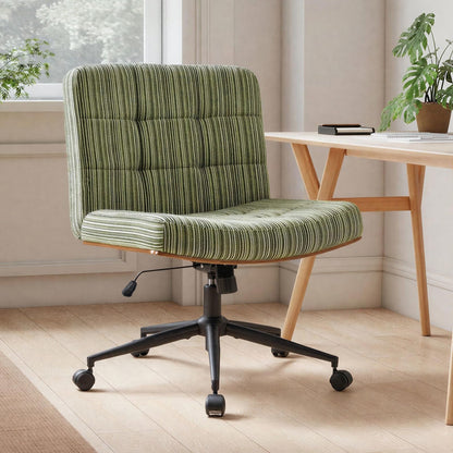 Furnimart Heavy-Duty Curved FSC Wood Desk Chair 360° Swivel,Premium Chenille Criss Cross Chair with Wheels Wide Seat, Comfy Armless Cross Legged Sitting for Bedroom, Office, Vanity(Green)