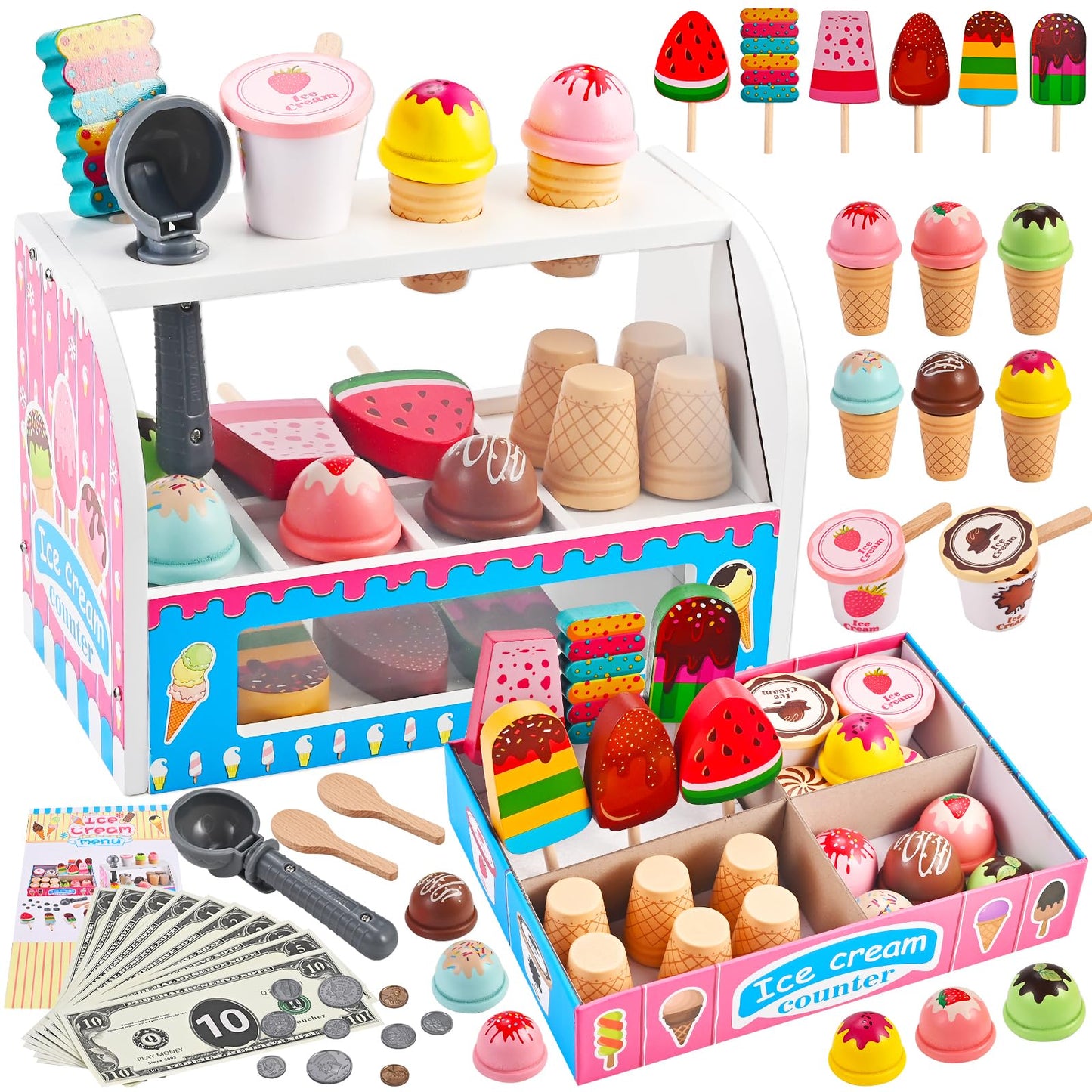 WoodTrove Ice Cream Play Set, Wooden Ice Cream Toy, Wooden Play Food, Ice Cream Shop Playset, Pretend Play Toys for Toddlers, Kitchen Toys Gift for Girls Boys 3 4 5 6 Year Old