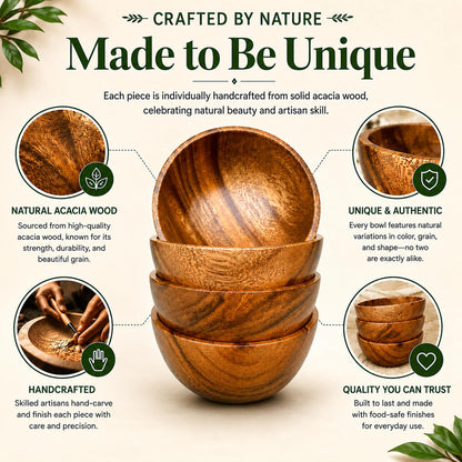 WRIGHTMART Small Wooden Bowls Set of 4, 5 Inch Solid Acacia Wood Bowls, Joint-Free Non-Laminated Snack & Dip Bowls, Handmade Rustic Bowls for Nuts, Desserts, Sauces & Side Dishes