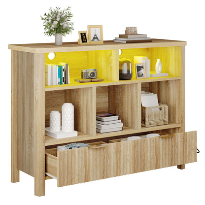 YITAHOME Bookcase with Drawers, Fluted Wood Cubby Storage Organizer Shelf Cube Bookshelf with Adjustable LED Lighting, Modern Horizontal Bookshelf for Living Room, Office, Entryway, Oak