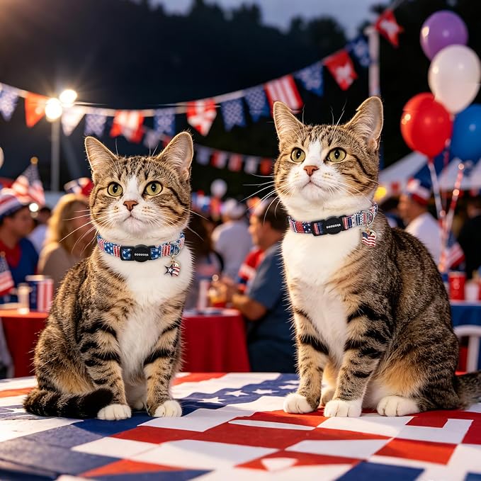 2 Pack Independence Cat Collars,Pink American Flag Cat Collar with Bell Breakaway Adjustable for 4th of July Independence Day，Adjustable Kitten Collar 7-12 Inch