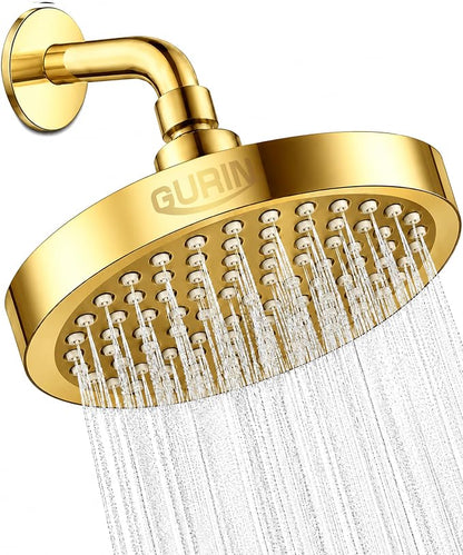 GURIN Shower Head - Powerful High Pressure Rain Shower Head 6 Inch - Luxury Rainfall Showerhead with Adjustable Angles, 90 Anti-Clog Nozzles, Tool-Free 1-Min Install, Premium Gold Plated Finish