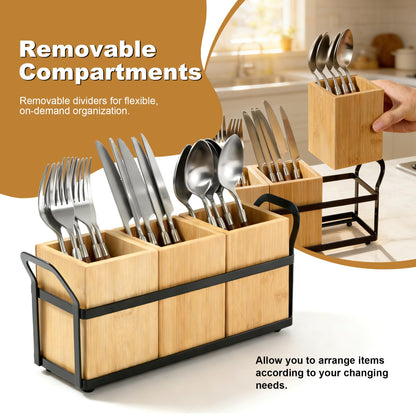 Utensil Holder for Kitchen Countertop, 3 Compartments Detachable Utensils Caddy, Wooden Utensils Organizer for Silverware, Spatula, Fork, Knife, Cutlery Storage, Counter Cooking Utensil Crock