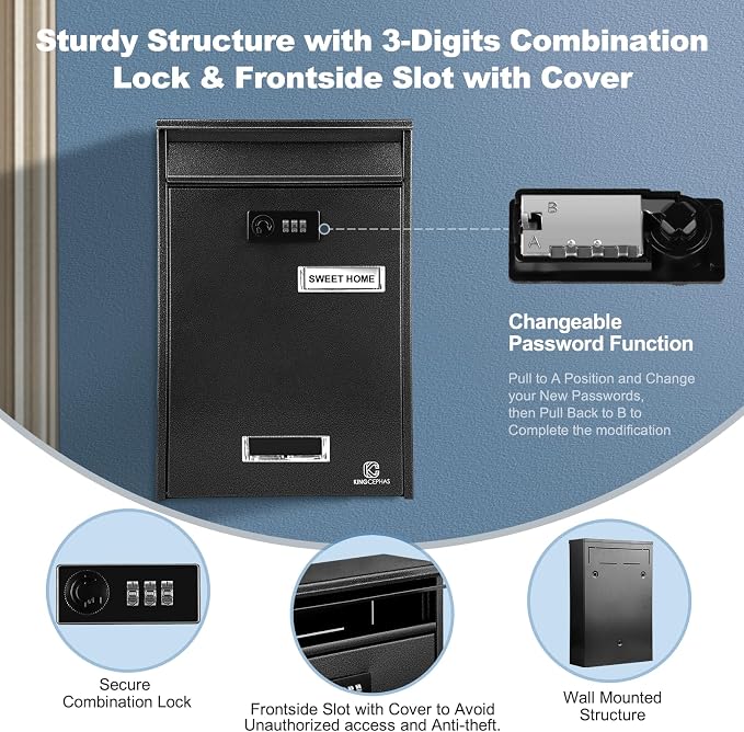 KINGCEPHAS Wall-Mounted Mailbox with Combination Lock,Small Capacity Mail Box for House, Waterproof Postbox,Mailboxes for Outside, 8.5” x 3” x 12.4” (Black)